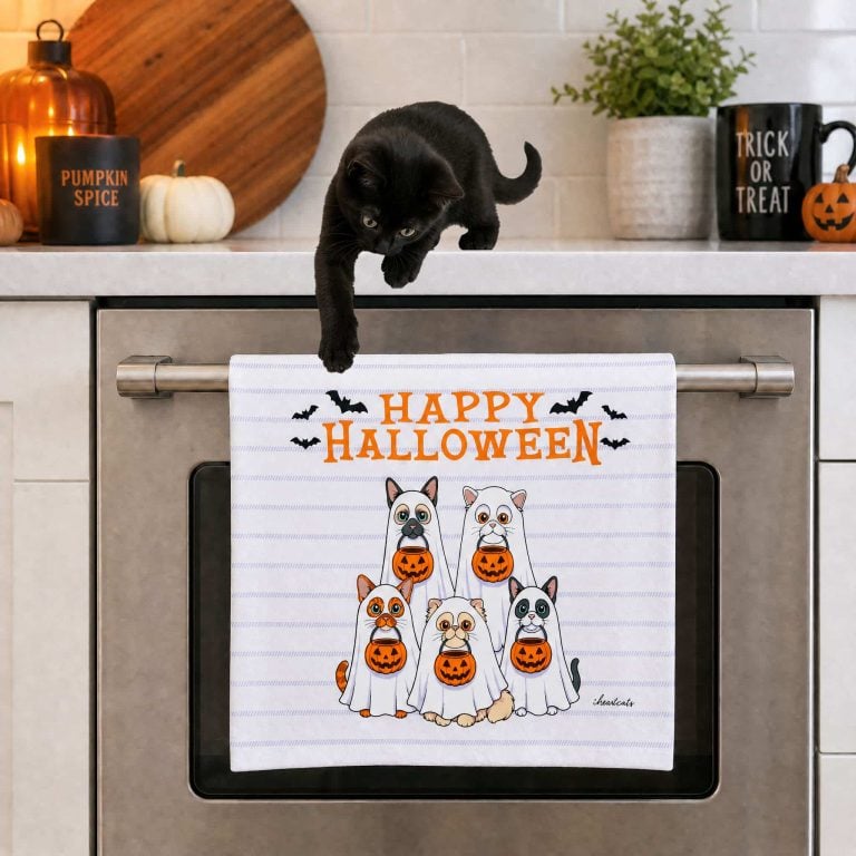 Happy Halloween Pumpkin Kitties Kitchen Towel 28″ x 19″, Donates 3 Meals to Shelter Cats