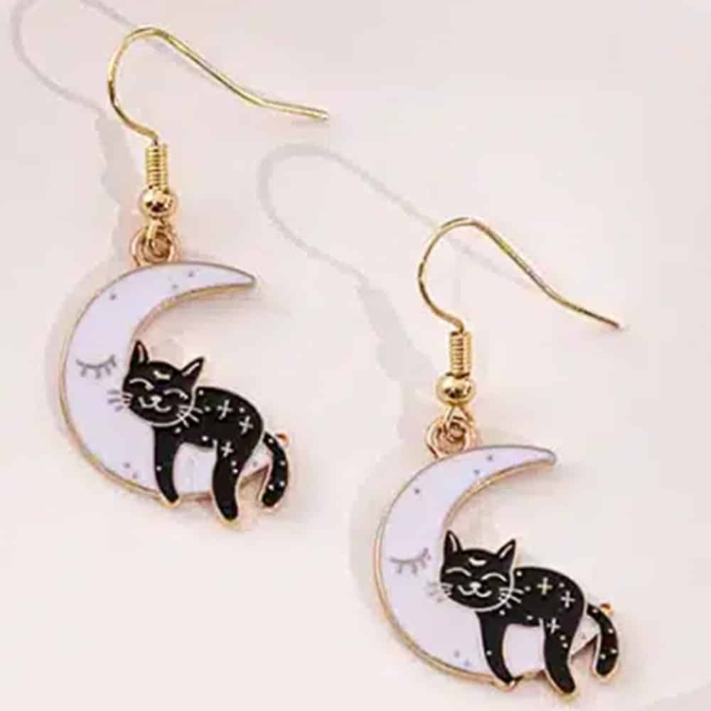 Sweet Sleepy Kitty Snuggles on the Moon – Gifts for Cat Mom, Black Cat Dangle Earring, Cat Lover Earrings - Image 2