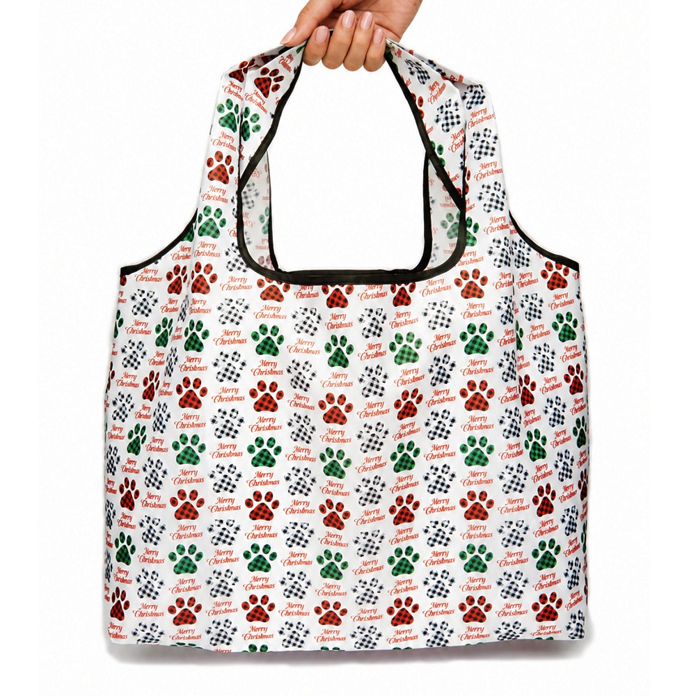 Merry Christmas Plaid Paws - Shopping Travel Shoulder Bag- Folding Grocery Tote Pouch Bag