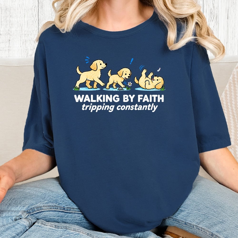 Comfort Colors Walking By Faith Tripping Constantly Lab Vintage Washed Tee - Navy