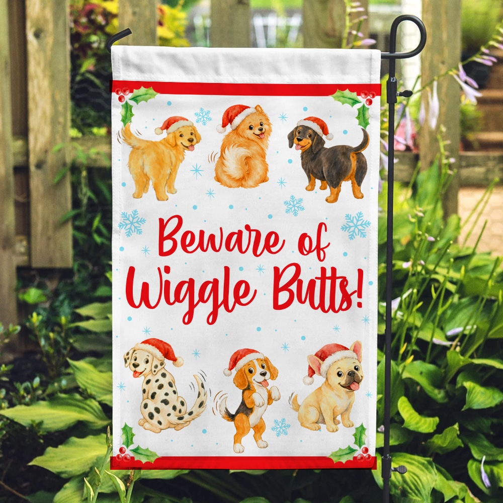 Beware of Wiggle Butts Christmas Garden Flag - Outdoor Yard Decor- Helps Feed Hungry Shelter Dogs in Need