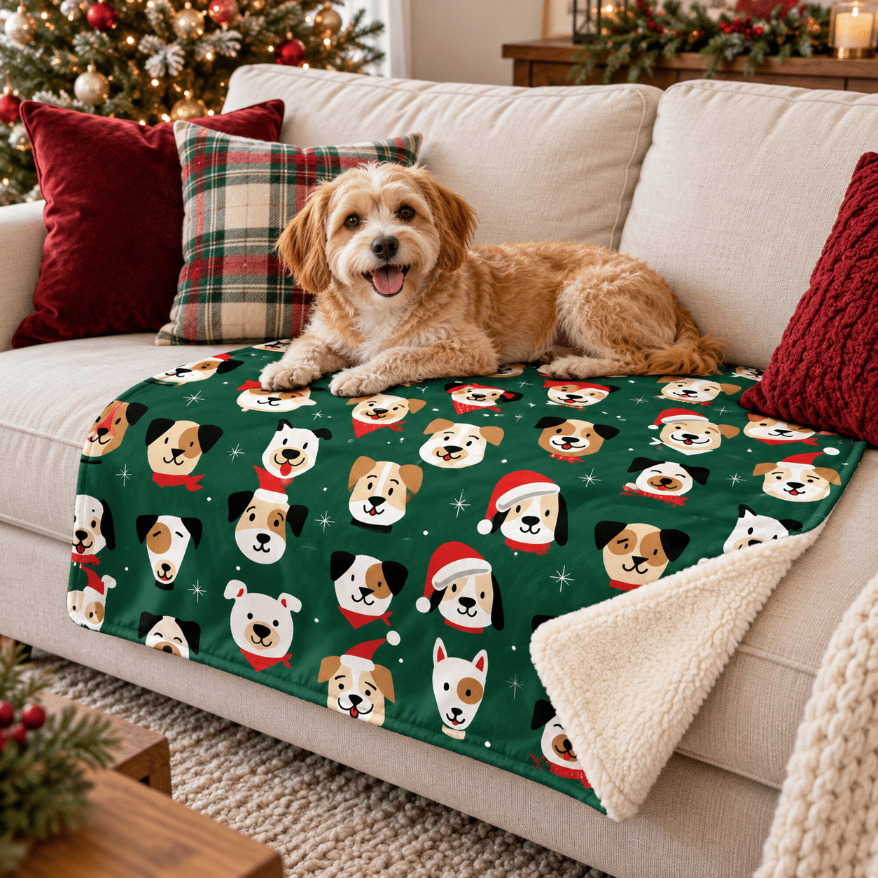 Green Christmas Pups Premium Sherpa Blanket 30x40