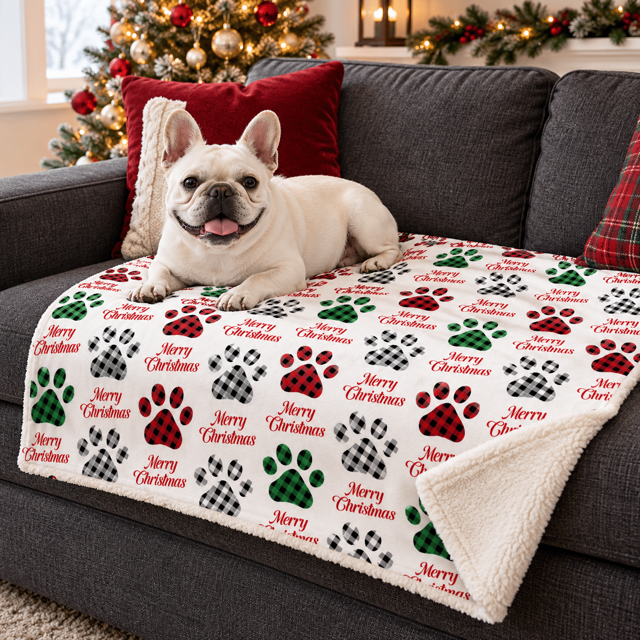 Merry Christmas Buffalo Plaid Paws Dogs Premium Sherpa Blanket 30x40