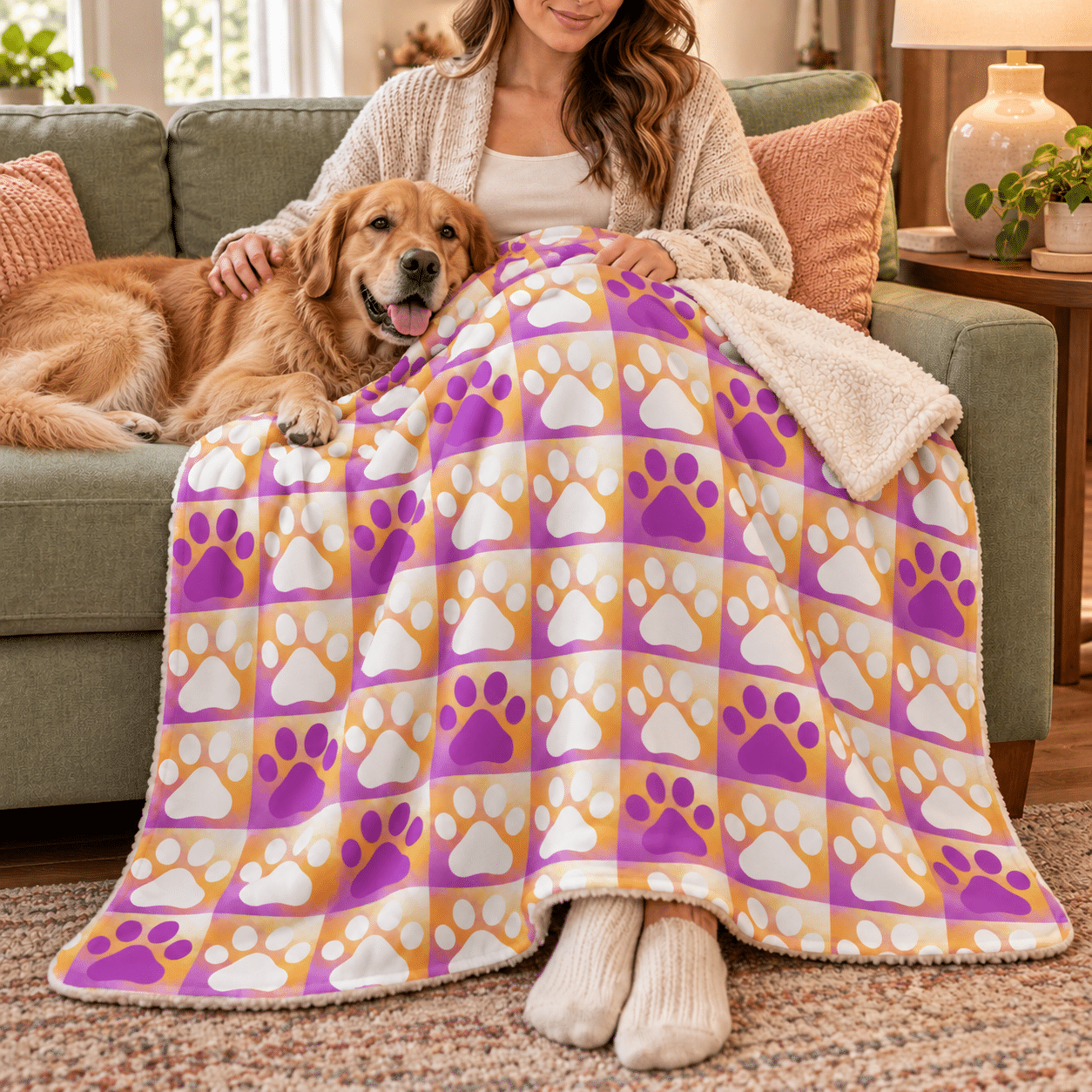 Orange And Purple Paws Premium Sherpa Blanket 50x60