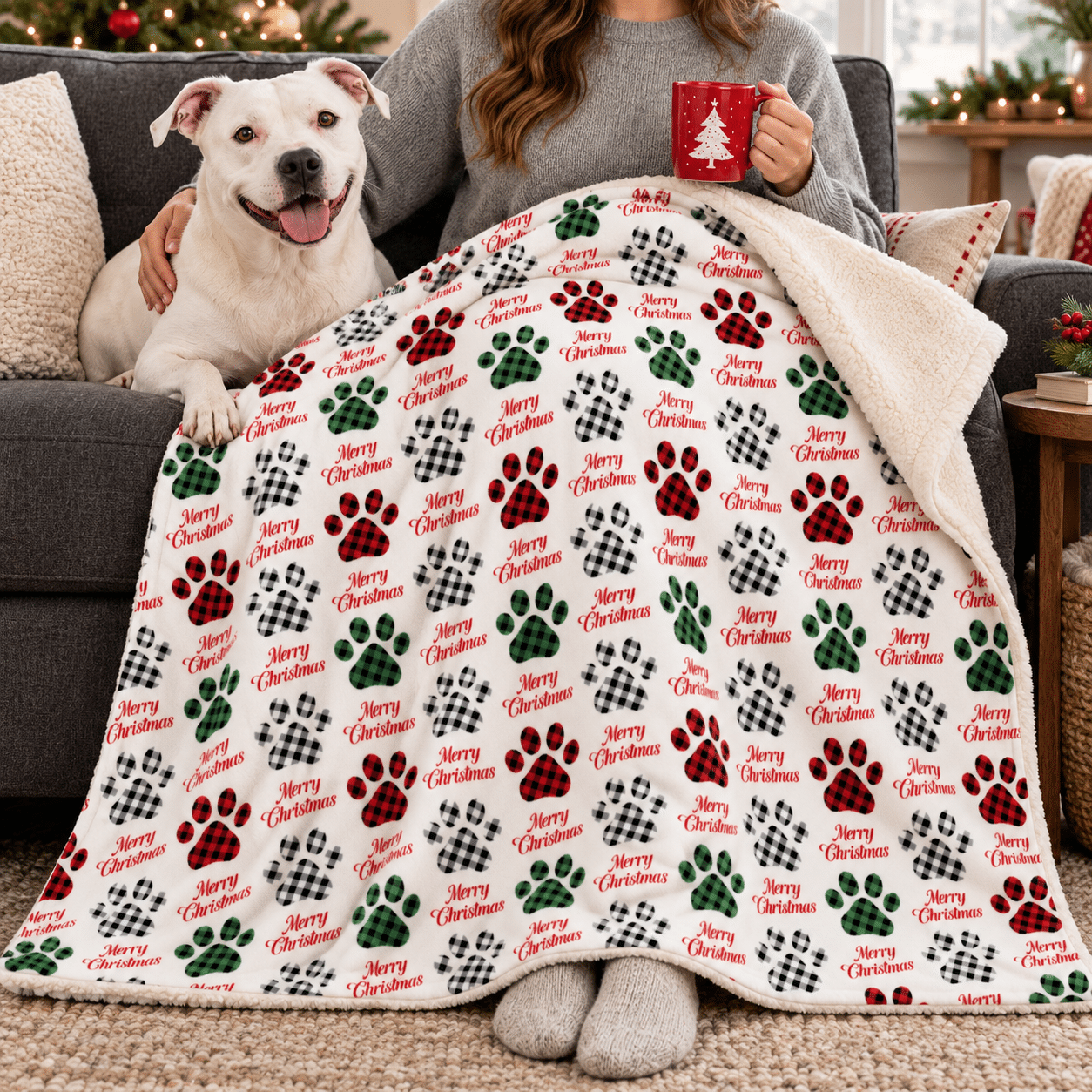 Merry Christmas Buffalo Plaid Paws Dogs Premium Sherpa Blanket 50x60