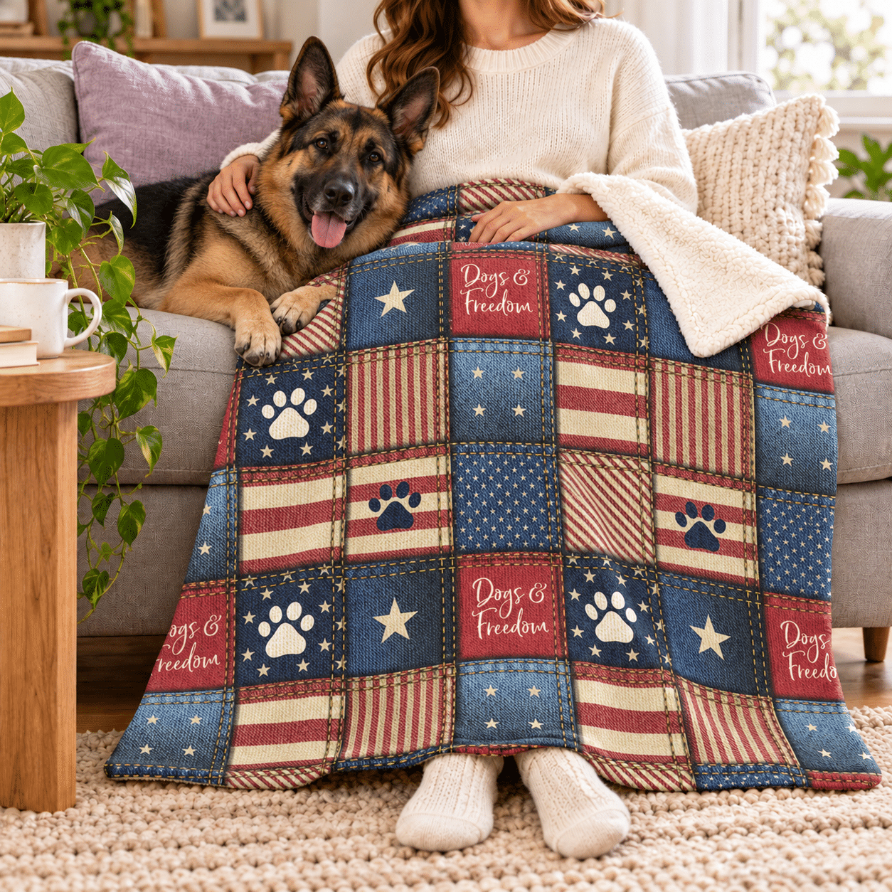 Dogs And Freedom Stitch Pattern Premium Sherpa Blanket 50x60