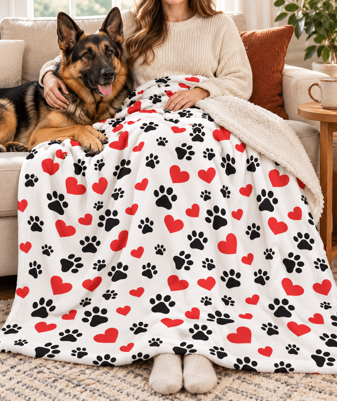 Red Hearts & Black Paws Dog Premium Sherpa Blanket 50x60