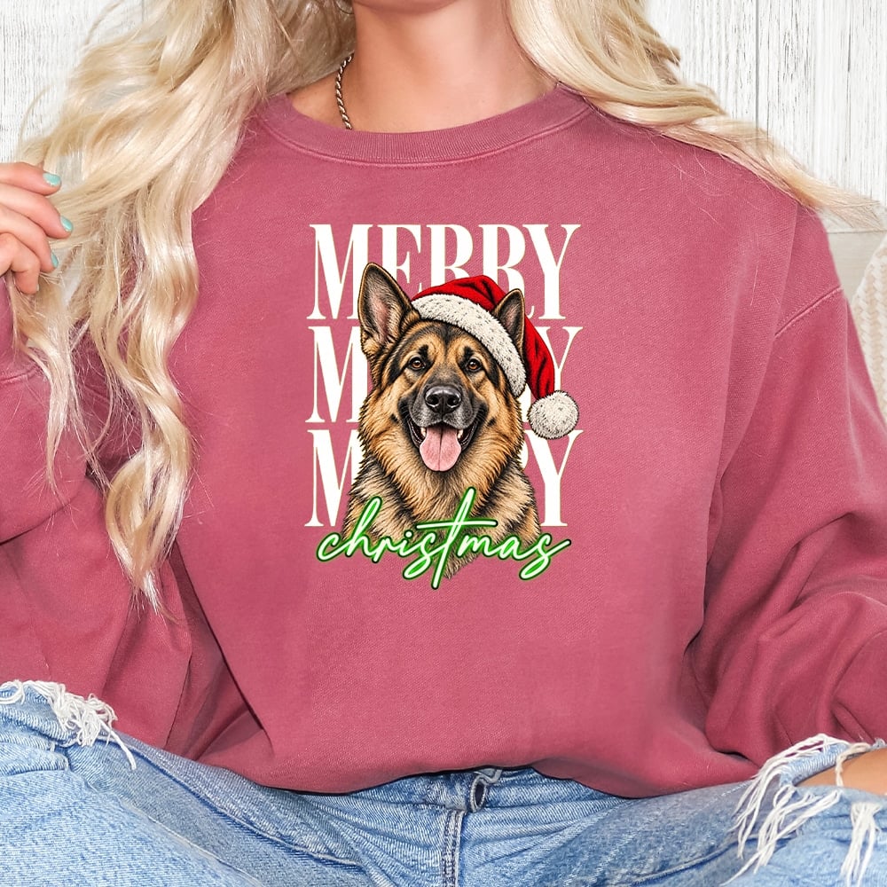 Comfort Colors Merry Merry Merry Christmas Shepherd Premium  Sweatshirt - Crimson