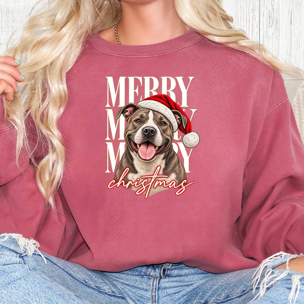 Comfort Colors Merry Merry Merry Christmas Pit Bull Premium  Sweatshirt - Crimson