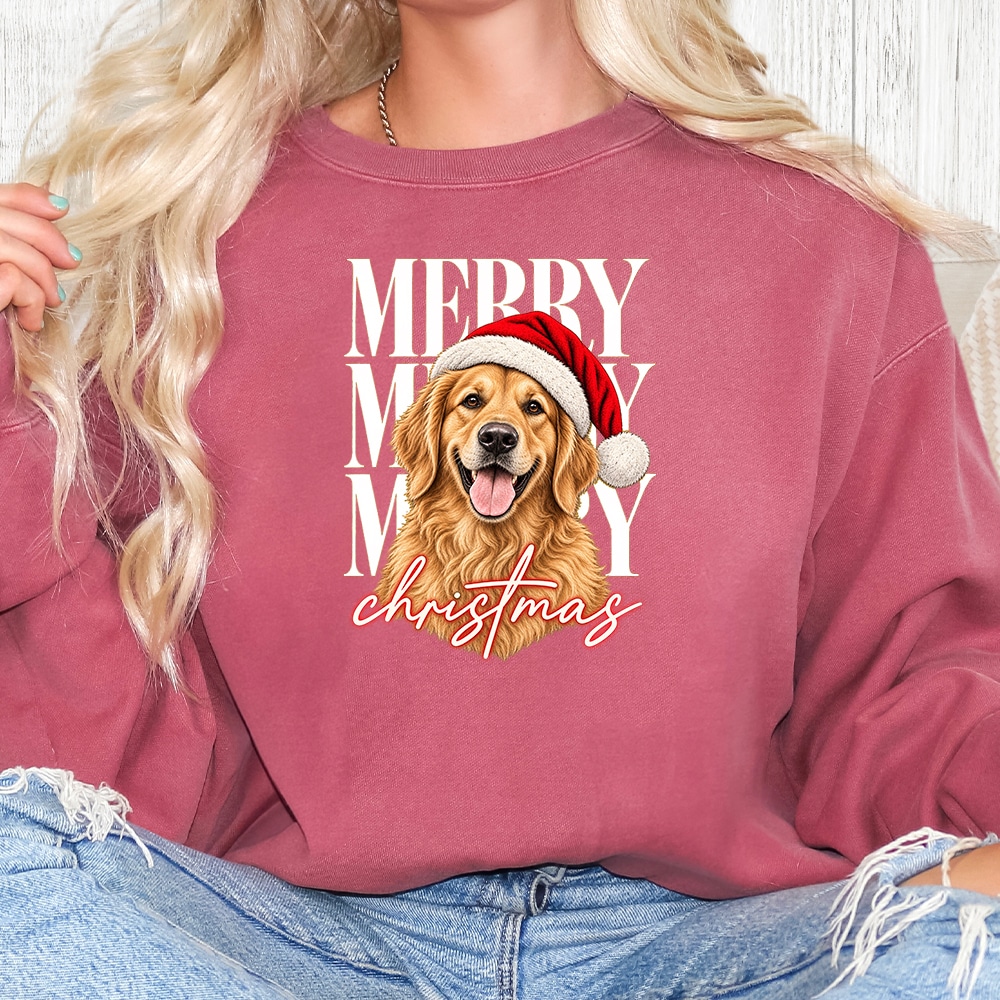 Comfort Colors Merry Merry Merry Christmas Golden Premium Sweatshirt - Crimson