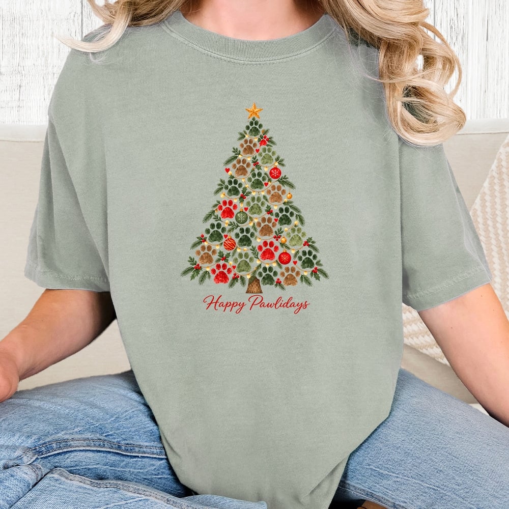 Comfort Colors Happy Pawlidays Tree Vintage Washed Tee - Bay