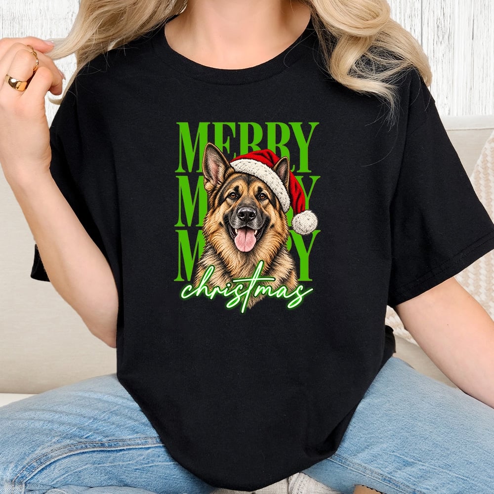 Comfort Colors Merry Merry Merry Christmas Shepherd Vintage Washed Tee - Black
