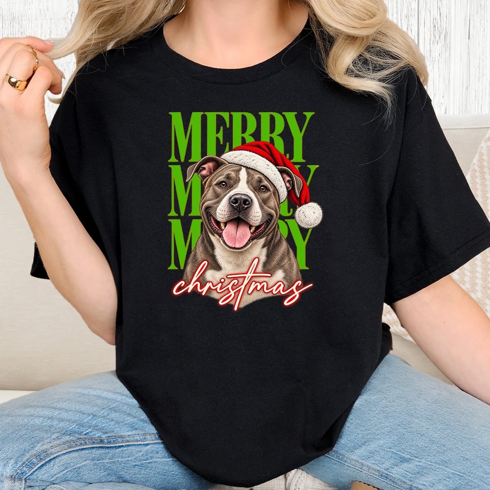 Comfort Colors Merry Merry Merry Christmas Pit Bull Vintage Washed Tee - Black