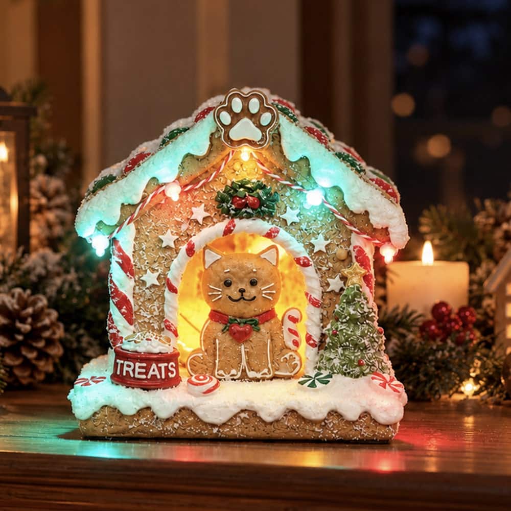 Christmas Gingerbread Cat House- Hand Crafted Resin Gingerbread, Lighted Holiday Decor