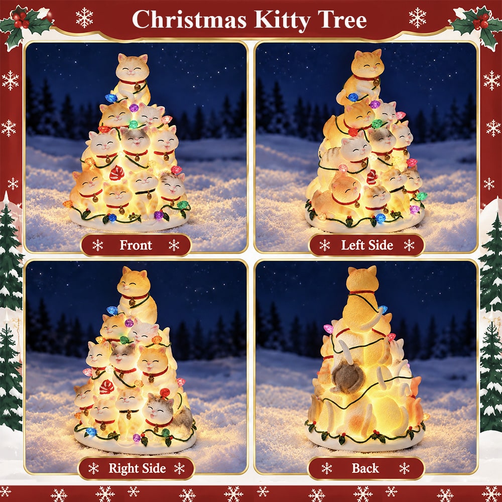 Kitty Christmas Tree with Lights – Hand Crafted Resin Tree , Lighted Holiday Decor - Image 6
