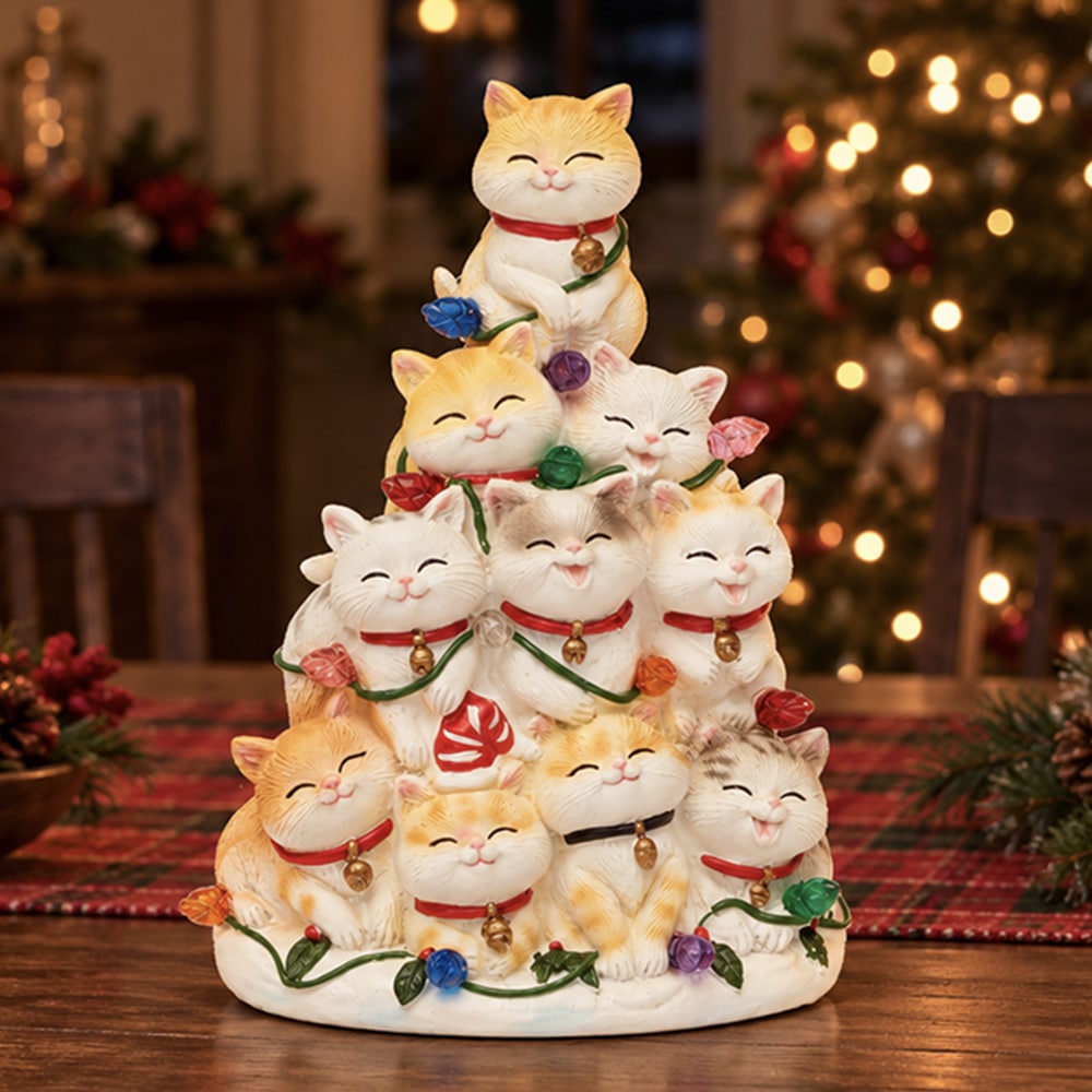 Kitty Christmas Tree with Lights – Hand Crafted Resin Tree , Lighted Holiday Decor - Image 3
