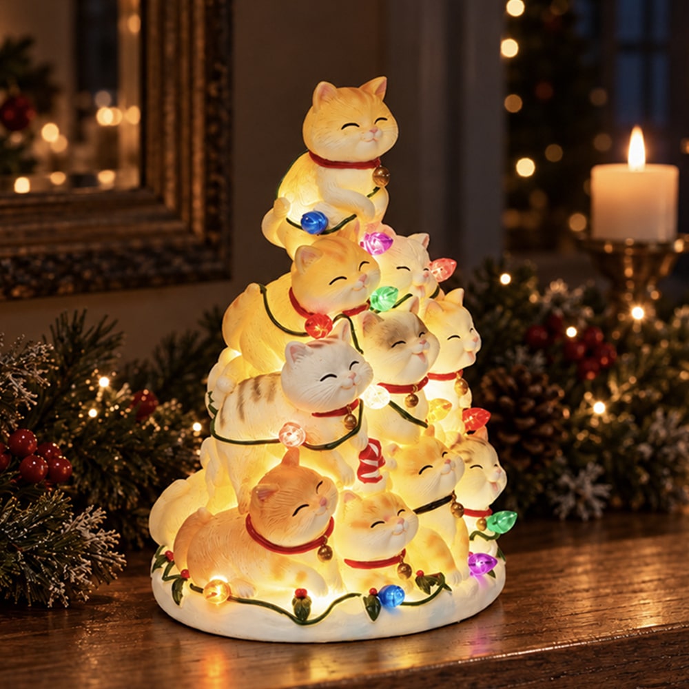 Kitty Christmas Tree with Lights – Hand Crafted Resin Tree , Lighted Holiday Decor - Image 4