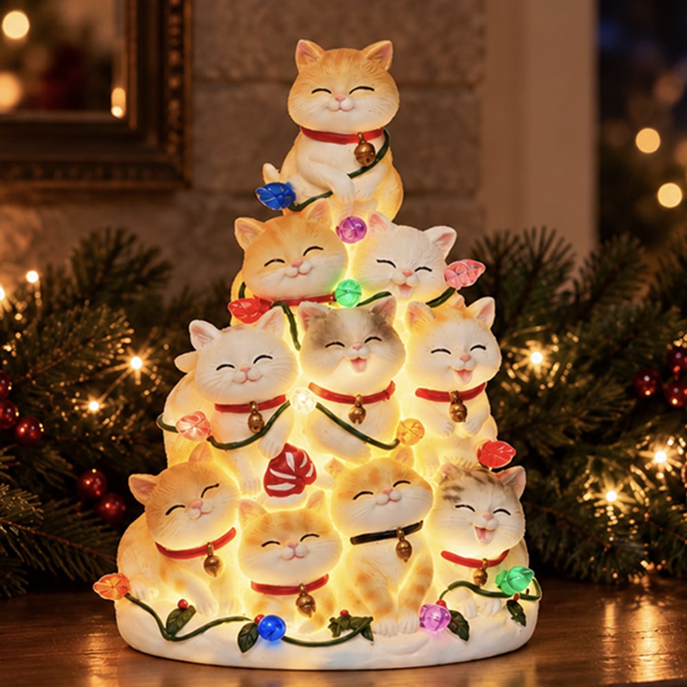 Kitty Christmas Tree with Lights – Hand Crafted Resin Tree , Lighted Holiday Decor