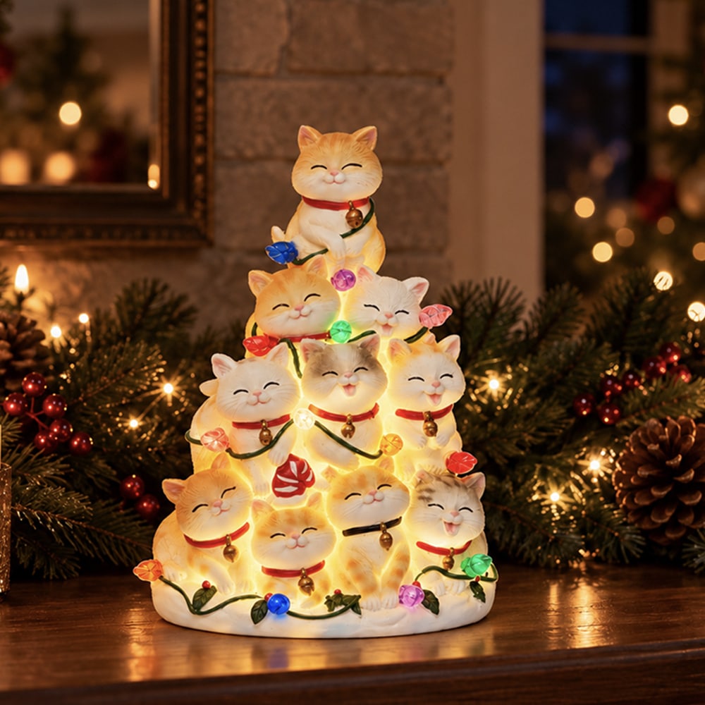Kitty Christmas Tree with Lights – Hand Crafted Resin Tree , Lighted Holiday Decor - Image 8