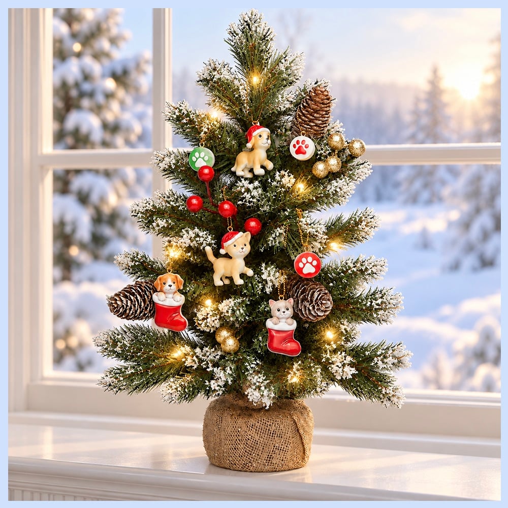 Festive Faux Mini Christmas Tree with Lights- Includes 7-Piece Pawdorable Ornament Set