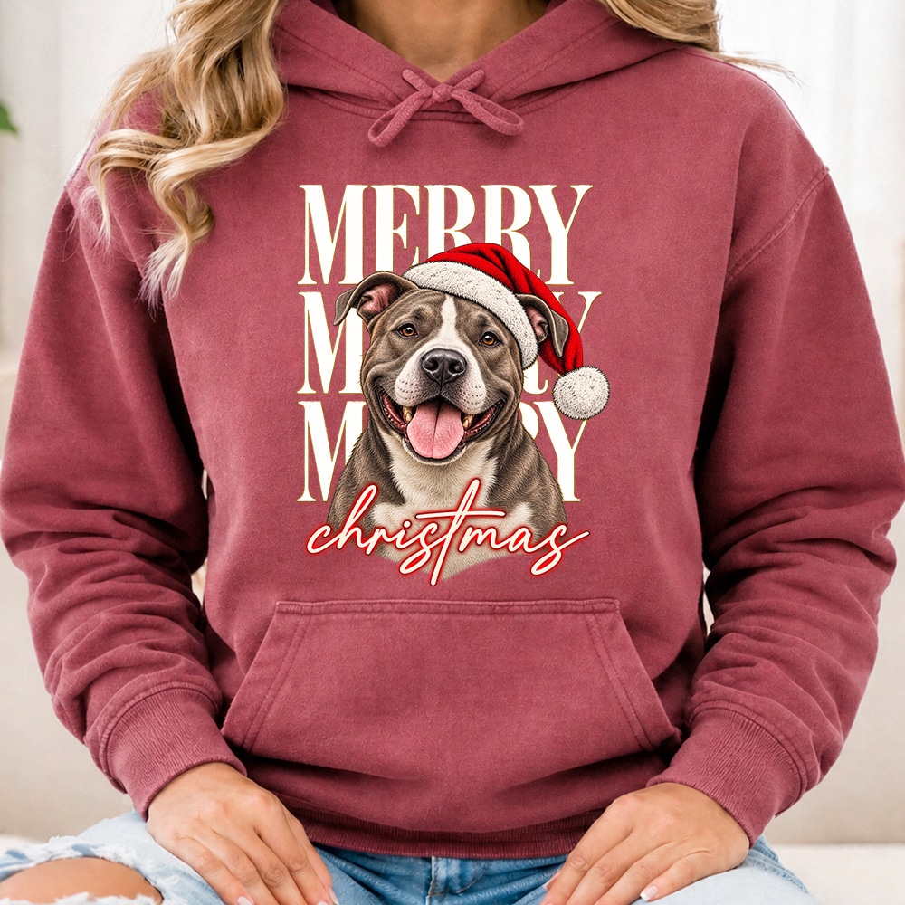 Comfort Colors Merry Merry Merry Christmas Pit Bull Premium Hoodie Crimson
