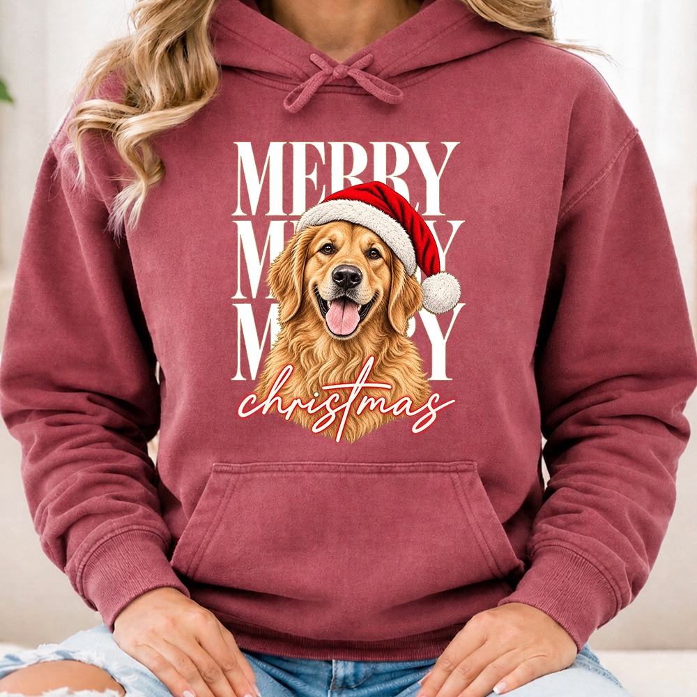 Comfort Colors Merry Merry Merry Christmas Golden Premium Hoodie Crimson