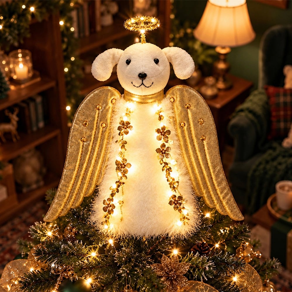 A ‘Christmas Miracle Angel’ Tree Topper, Holiday Decoration- Golden Wings with Lighted Garland & Halo ‘Christmas Miracle Angel’ - Image 9