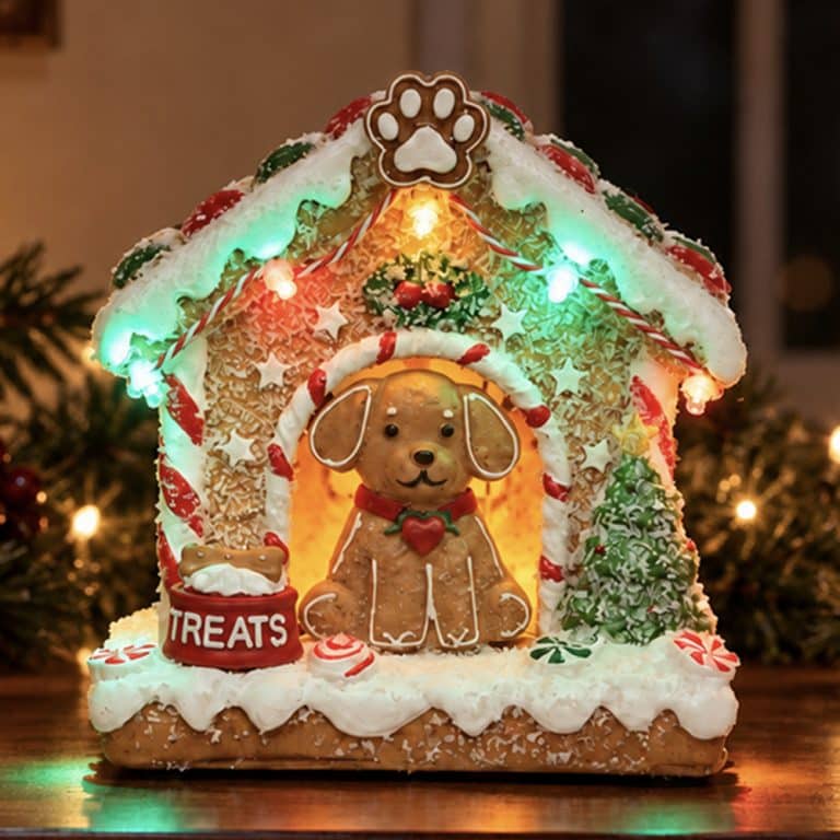 Christmas Gingerbread Dog House- Hand Crafted Resin Gingerbread, Lighted Holiday Decor