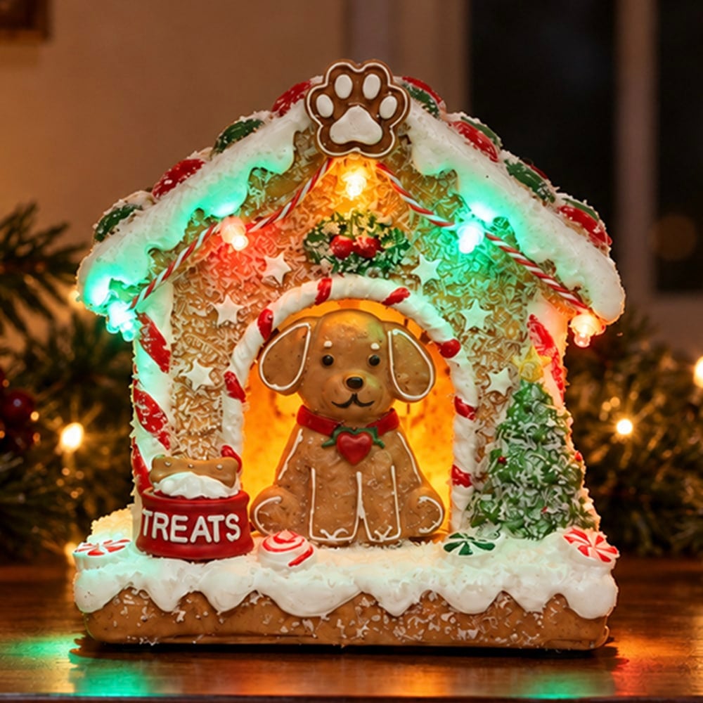 Christmas Gingerbread Dog House- Hand Crafted Resin Gingerbread, Lighted Holiday Decor