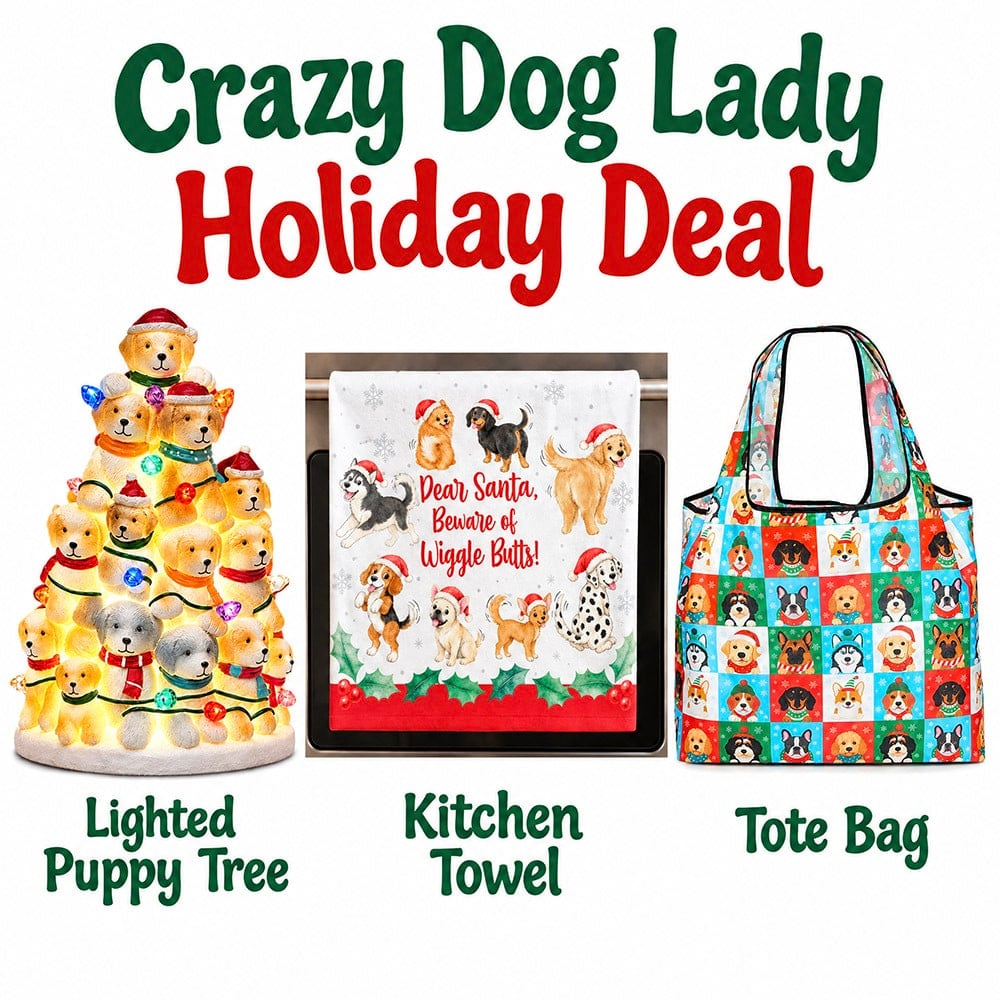 Crazy Dog Lady Deal! Puppy Christmas Tree with Lights, Wiggle Butts Towel and Holiday Squares Tote