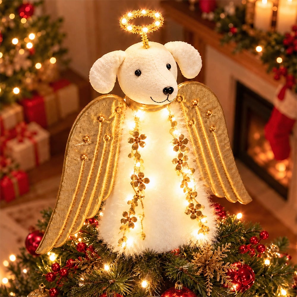 A ‘Christmas Miracle Angel’ Tree Topper, Holiday Decoration- Golden Wings with Lighted Garland & Halo ‘Christmas Miracle Angel’ - Image 10