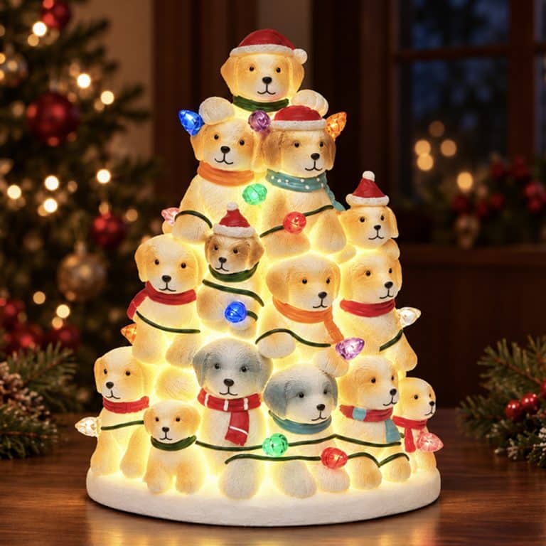 Puppy Christmas Tree with Lights - Hand Crafted Resin Tree, Lighted Holiday Decor