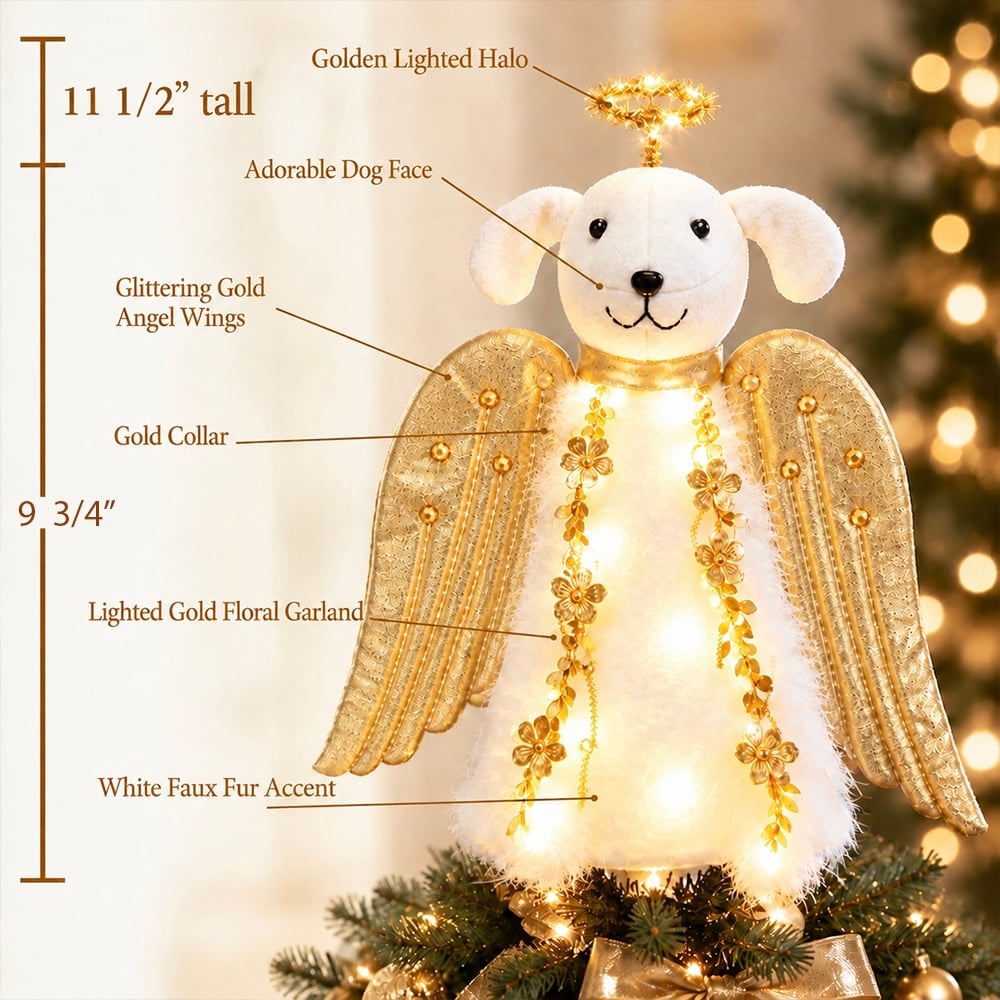 A ‘Christmas Miracle Angel’ Tree Topper, Holiday Decoration- Golden Wings with Lighted Garland & Halo ‘Christmas Miracle Angel’ - Image 14