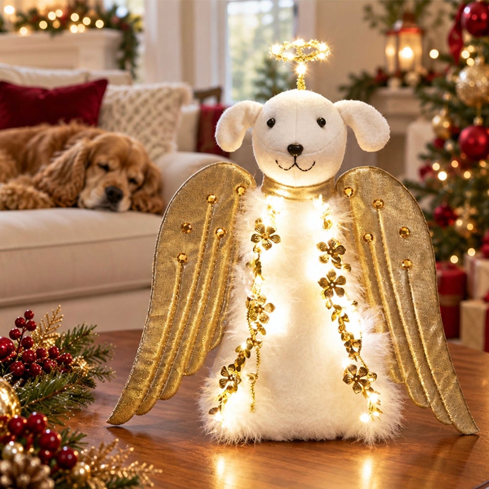 A ‘Christmas Miracle Angel’ Tree Topper, Holiday Decoration- Golden Wings with Lighted Garland & Halo ‘Christmas Miracle Angel’ - Image 2