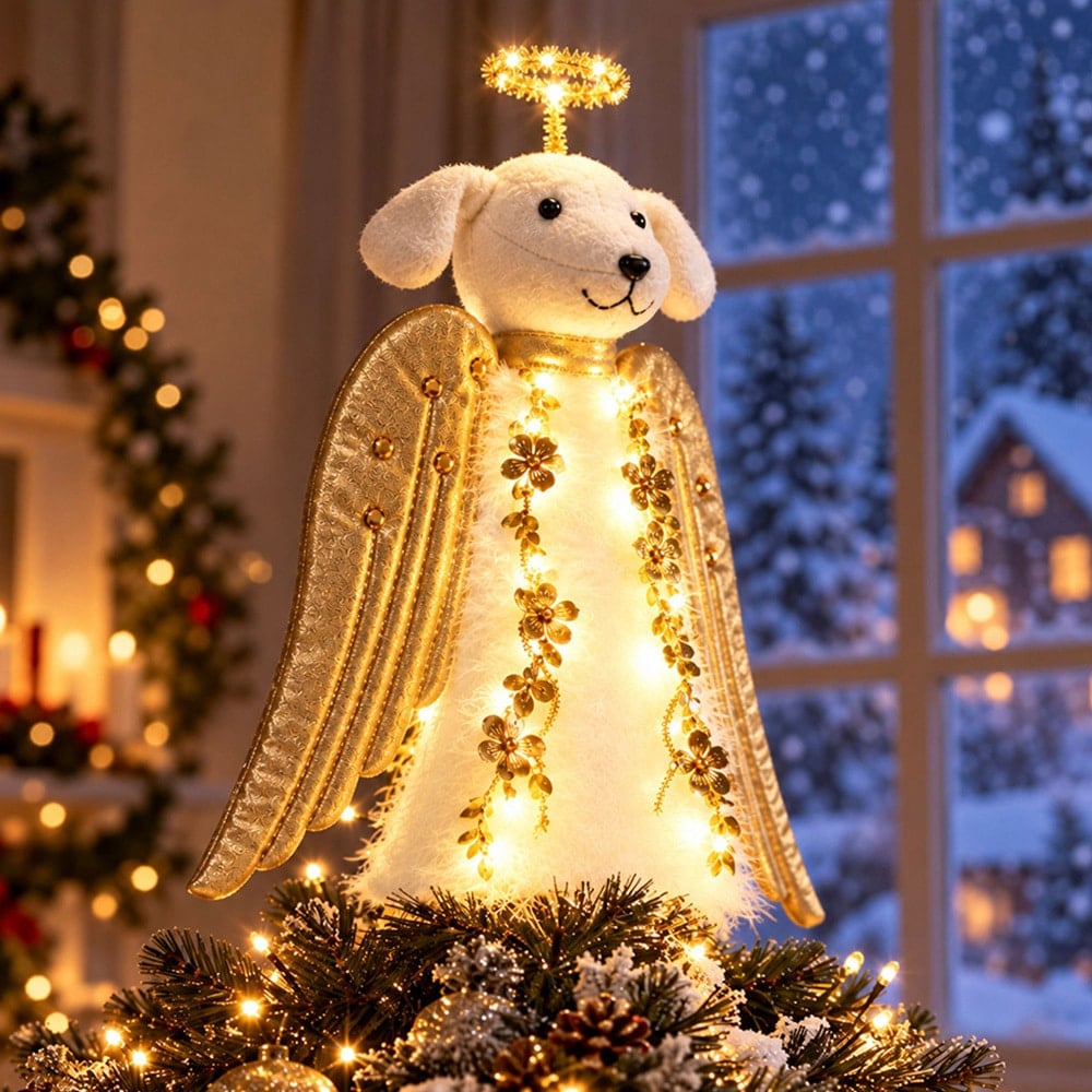 A ‘Christmas Miracle Angel’ Tree Topper, Holiday Decoration- Golden Wings with Lighted Garland & Halo ‘Christmas Miracle Angel’ - Image 8