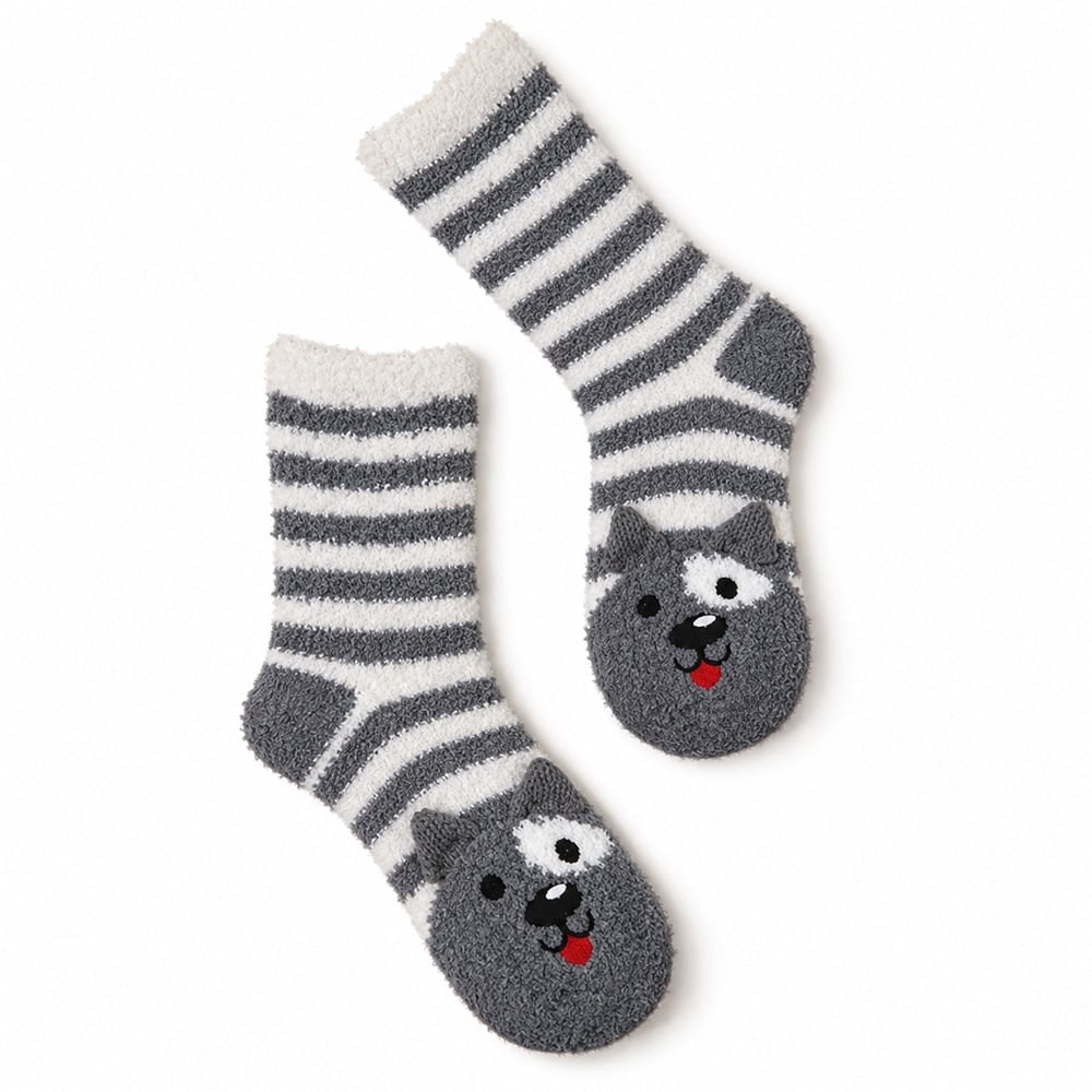 Gray Dog Striped Fuzzy Socks