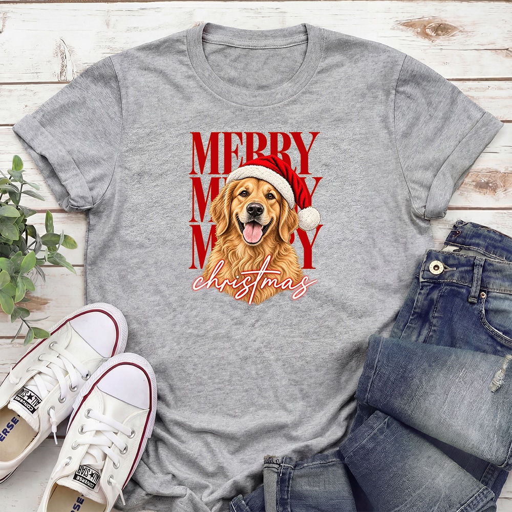 Merry Merry Merry Christmas Golden Standard Tee Heather Grey