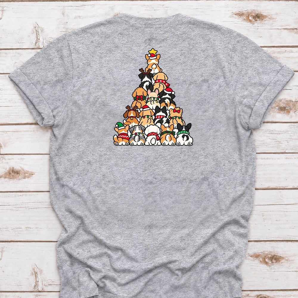 Puppy Pile Christmas Tree Standard Tee Heather Grey
