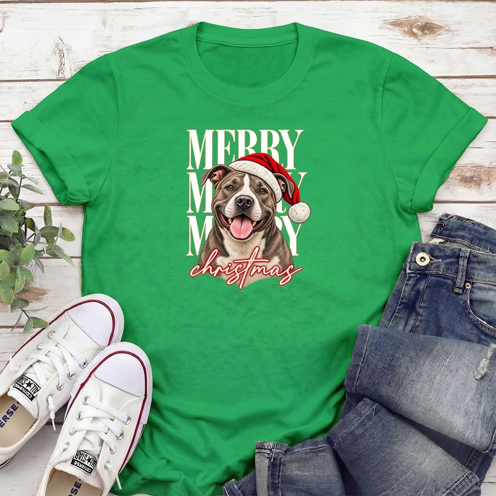 Merry Merry Merry Christmas Pit Bull Standard Tee Green