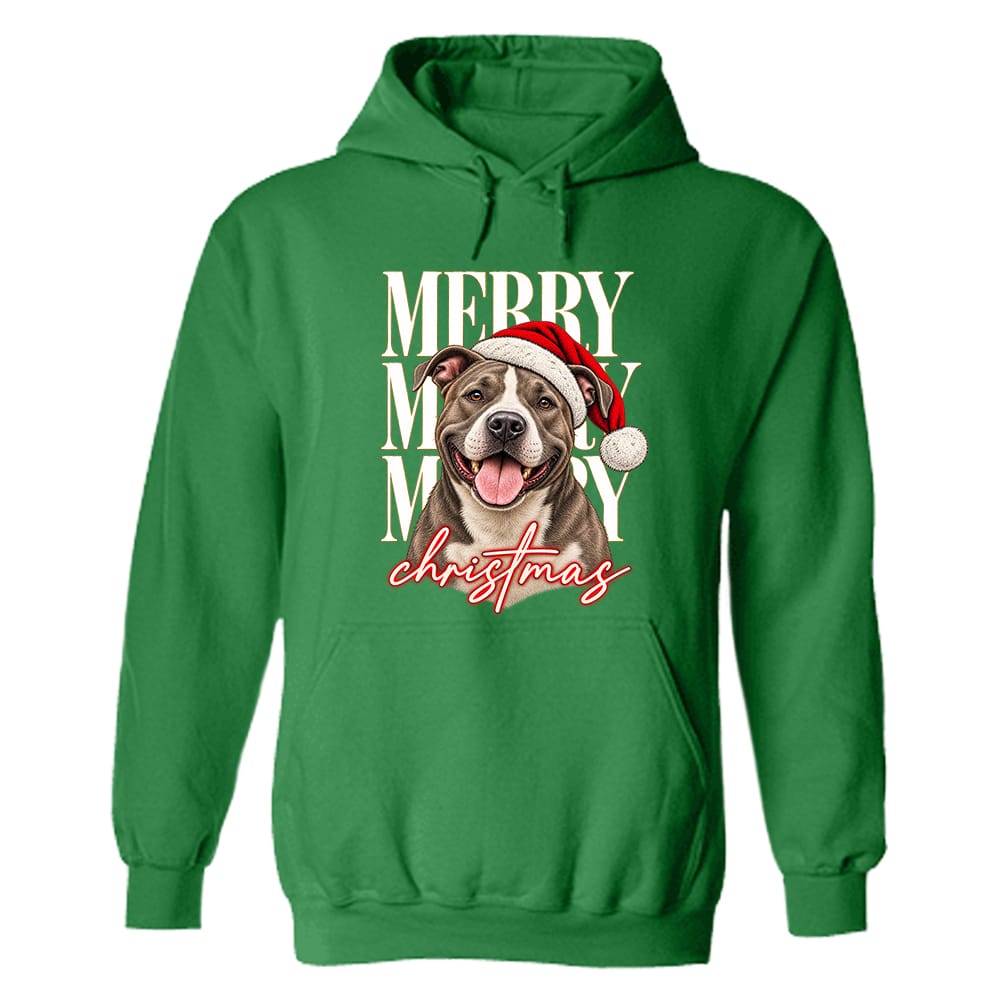 Merry Merry Merry Christmas Pit Bull Hoodie Green