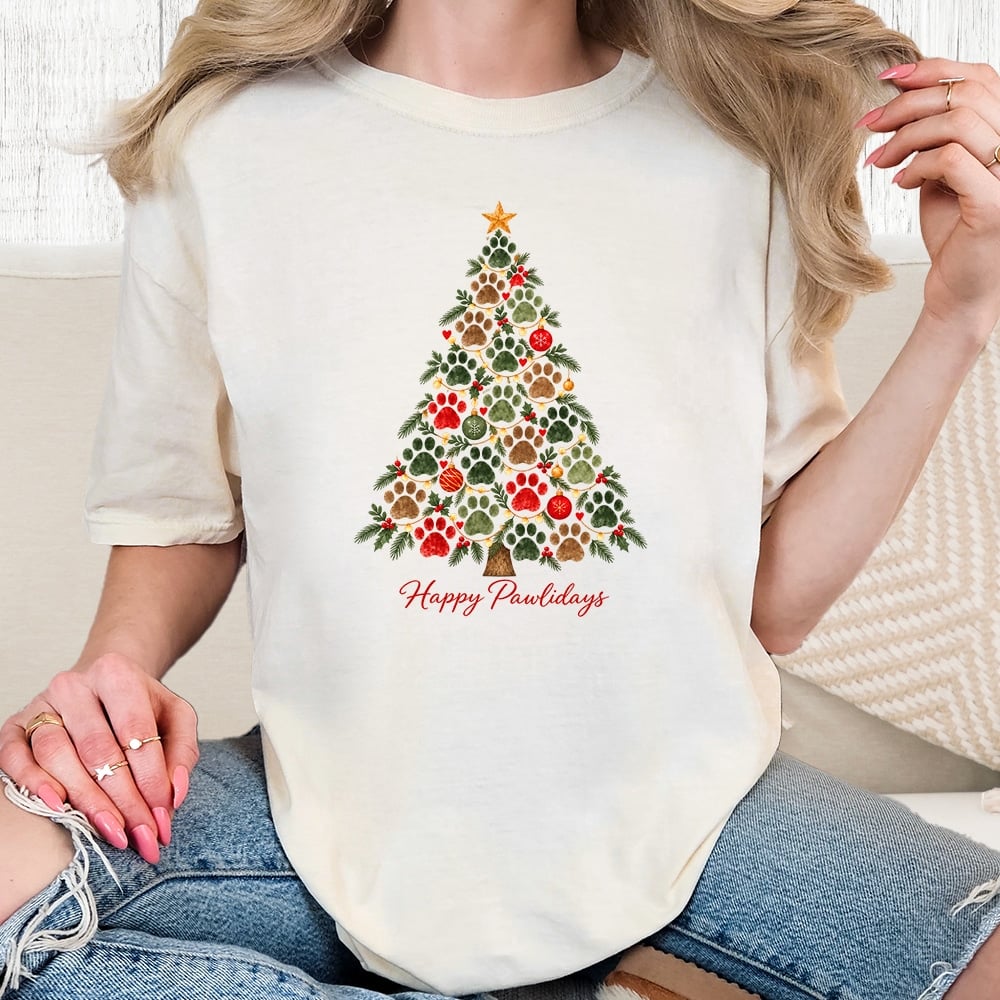 Comfort Colors Happy Pawlidays Tree Vintage Washed Tee - Ivory