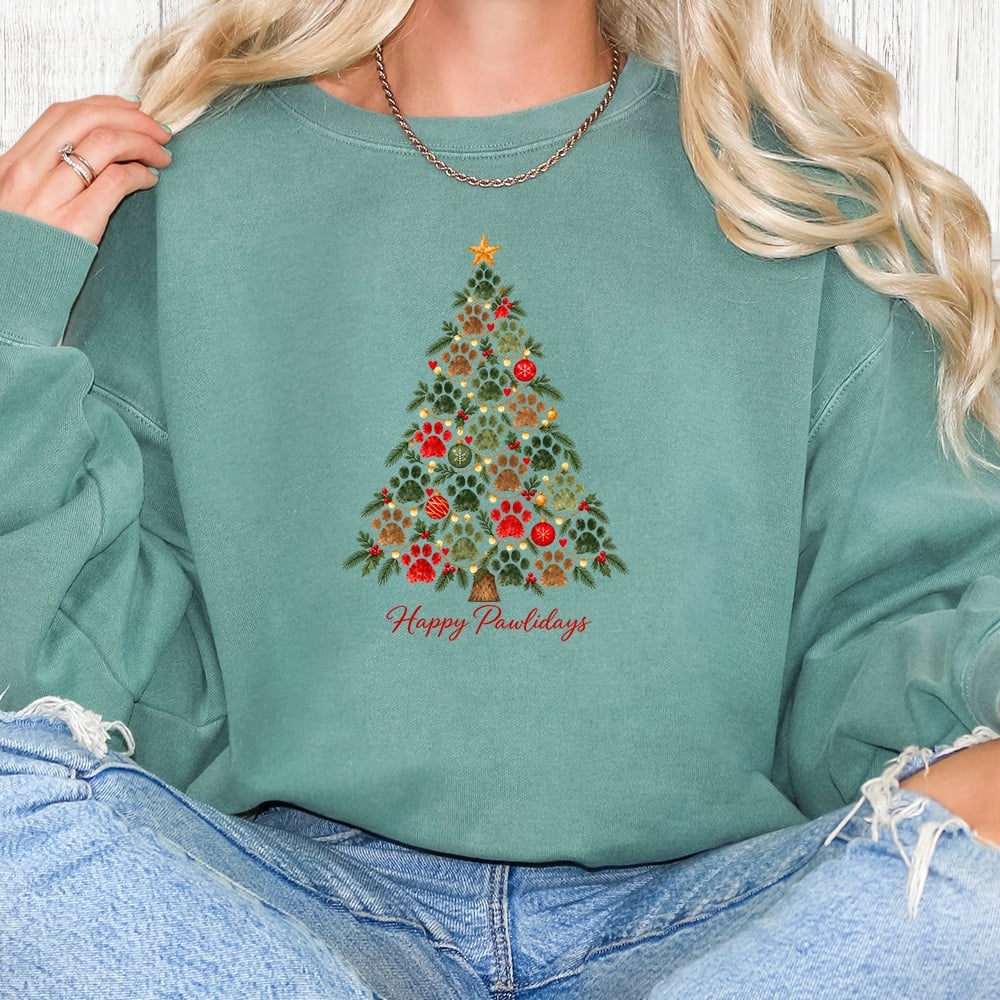 Comfort Colors Happy Pawlidays Tree Premium  Sweatshirt - Light Green