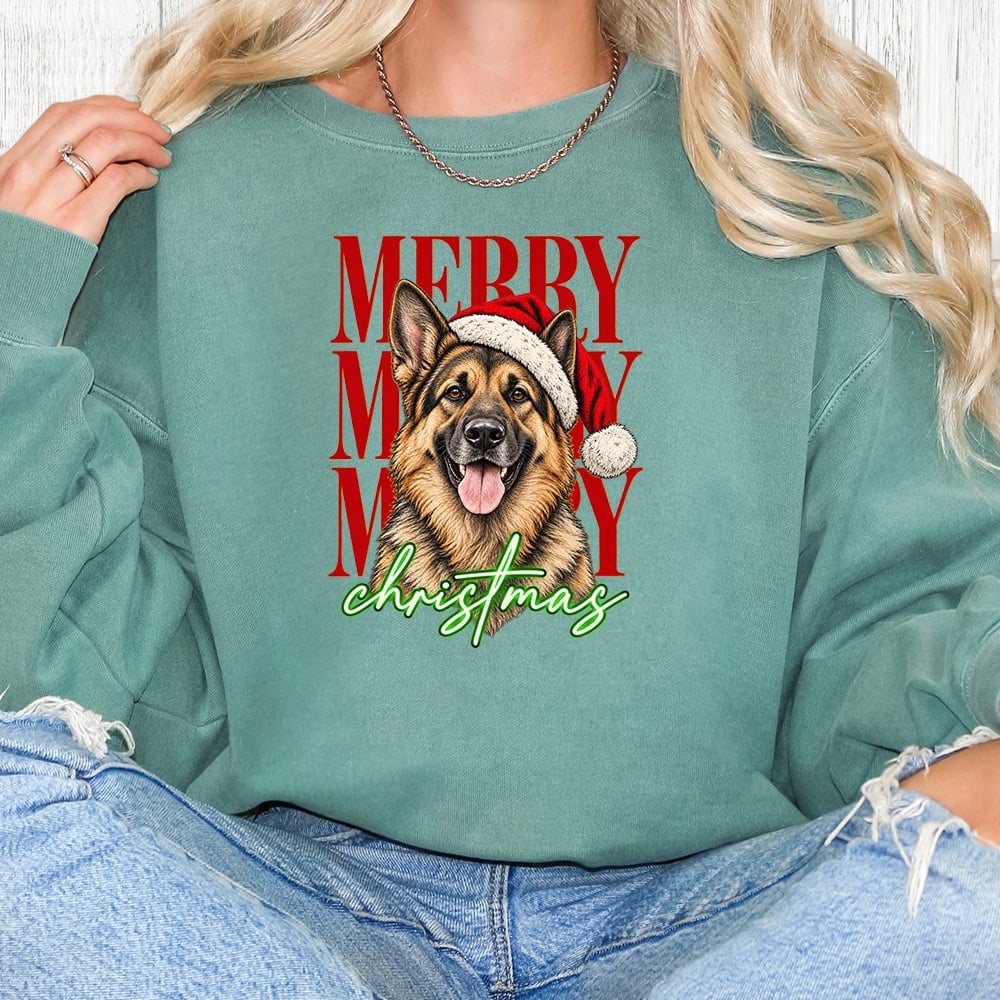 Comfort Colors Merry Merry Merry Christmas Shepherd Premium  Sweatshirt - Light Green