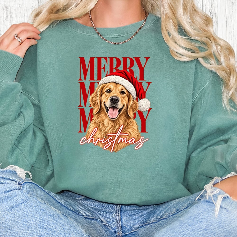 Comfort Colors Merry Merry Merry Christmas Golden Premium Sweatshirt - Light Green