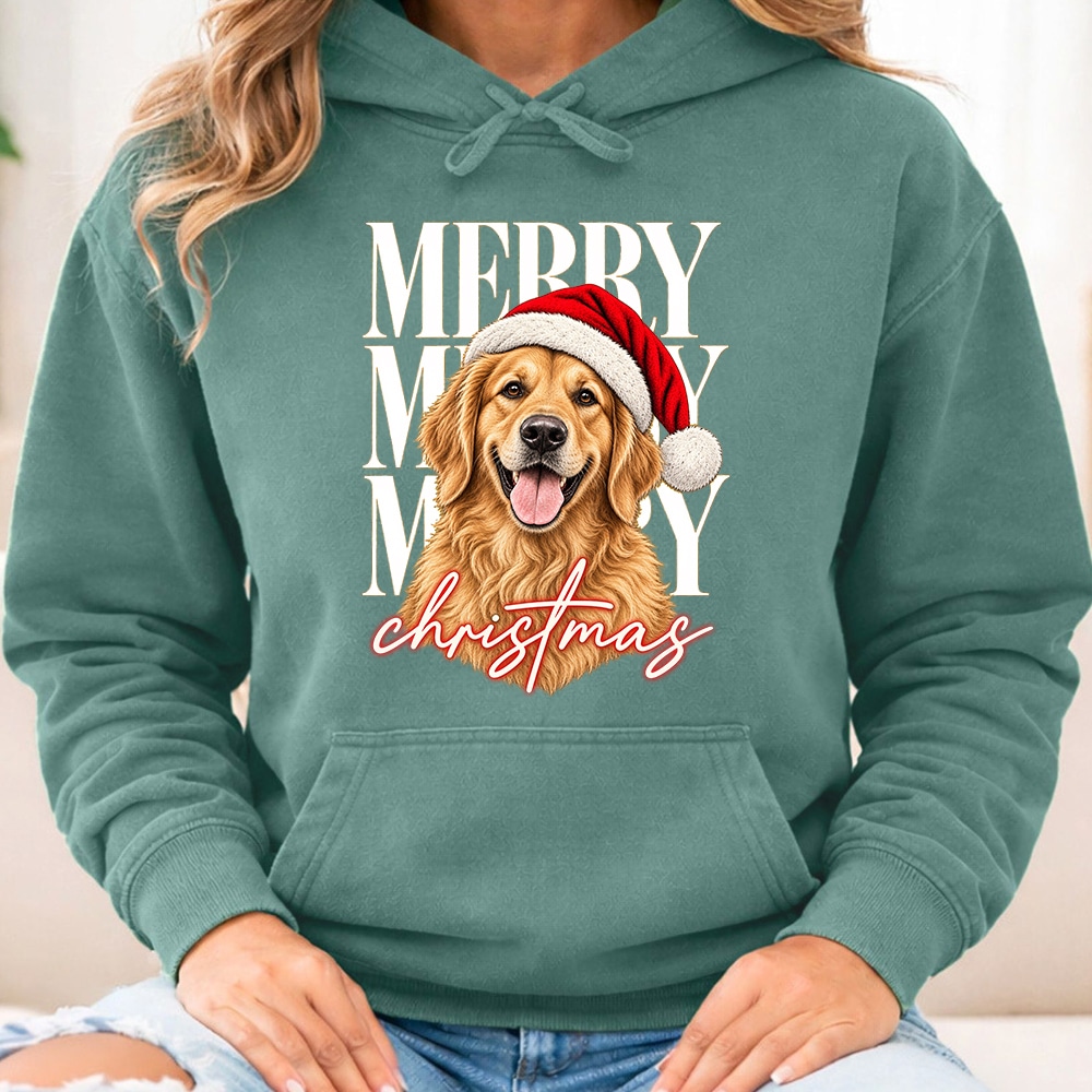 Comfort Colors Merry Merry Merry Christmas Golden Premium Hoodie Light Green