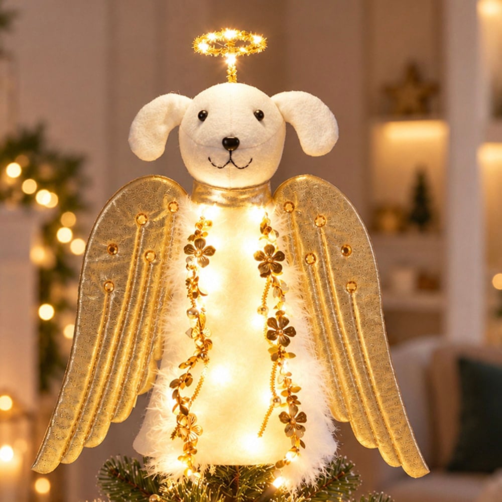 A ‘Christmas Miracle Angel’  Tree Topper, Holiday Decoration- Golden Wings with Lighted Garland & Halo ‘Christmas Miracle Angel’