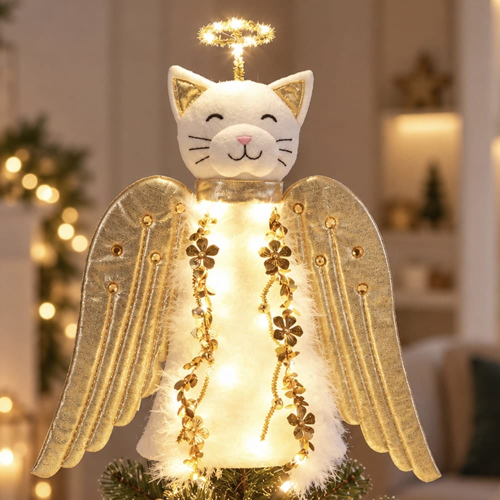 A ‘Christmas Miracle Angel’ Cat Tree Topper, Holiday Decoration- Golden Wings with Lighted Garland & Halo