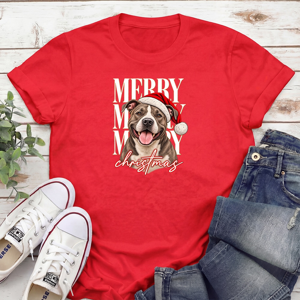 Merry Merry Merry Christmas Pit Bull Standard Tee Red