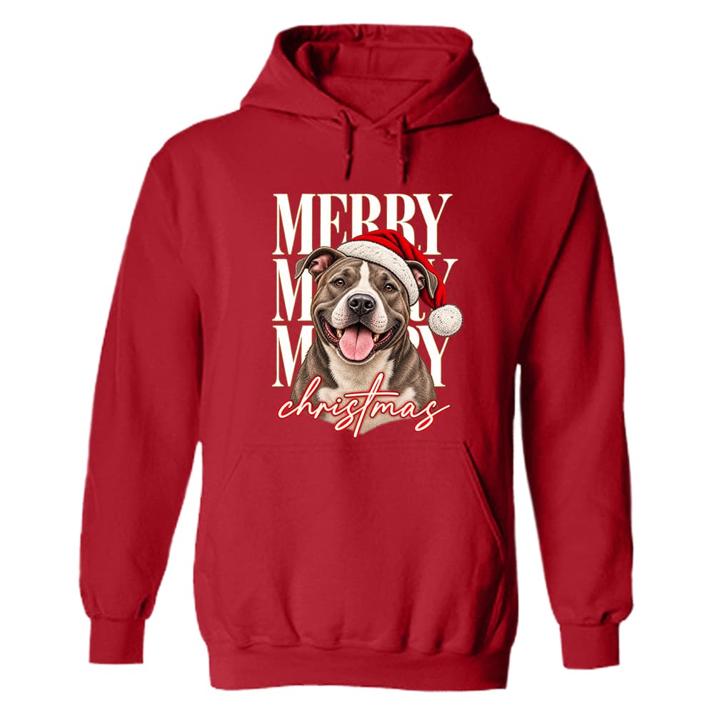 Merry Merry Merry Christmas Pit Bull Hoodie Red