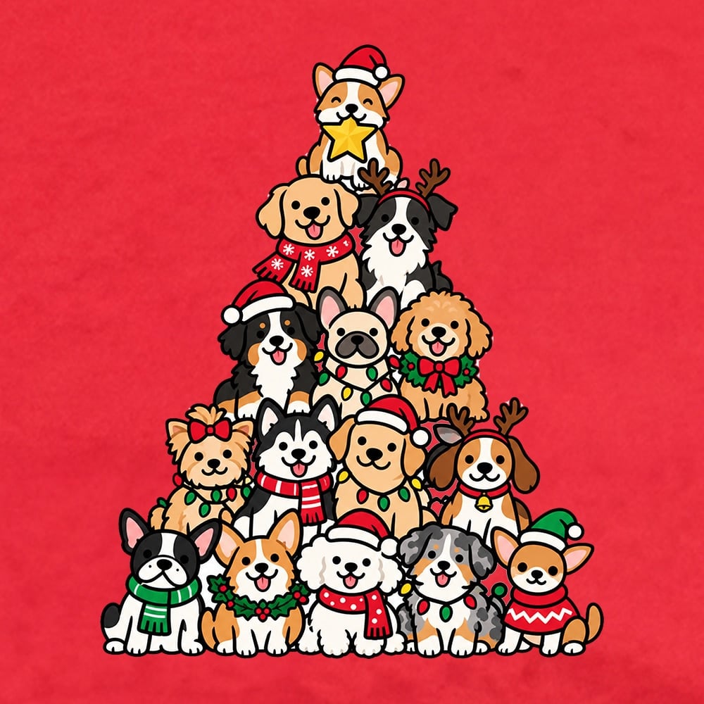 Puppy Pile Christmas Tree Standard Tee Red - Image 3